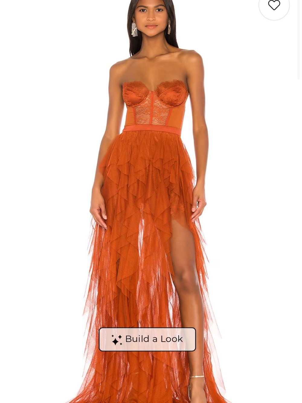 For Love & Lemons Strapless Rust Orange Ruffled Tulle Gown
